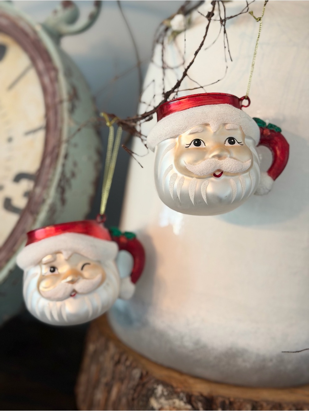 2 Mercury Glass Santa Head Cup Christmas Ornaments | Money Holder | Kitschy